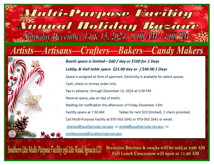 Multi Purpose Facility Annual Holiday Bazaar Saturday December 14 &15, 2024 9 AM - 4 PM Vendor Flayer